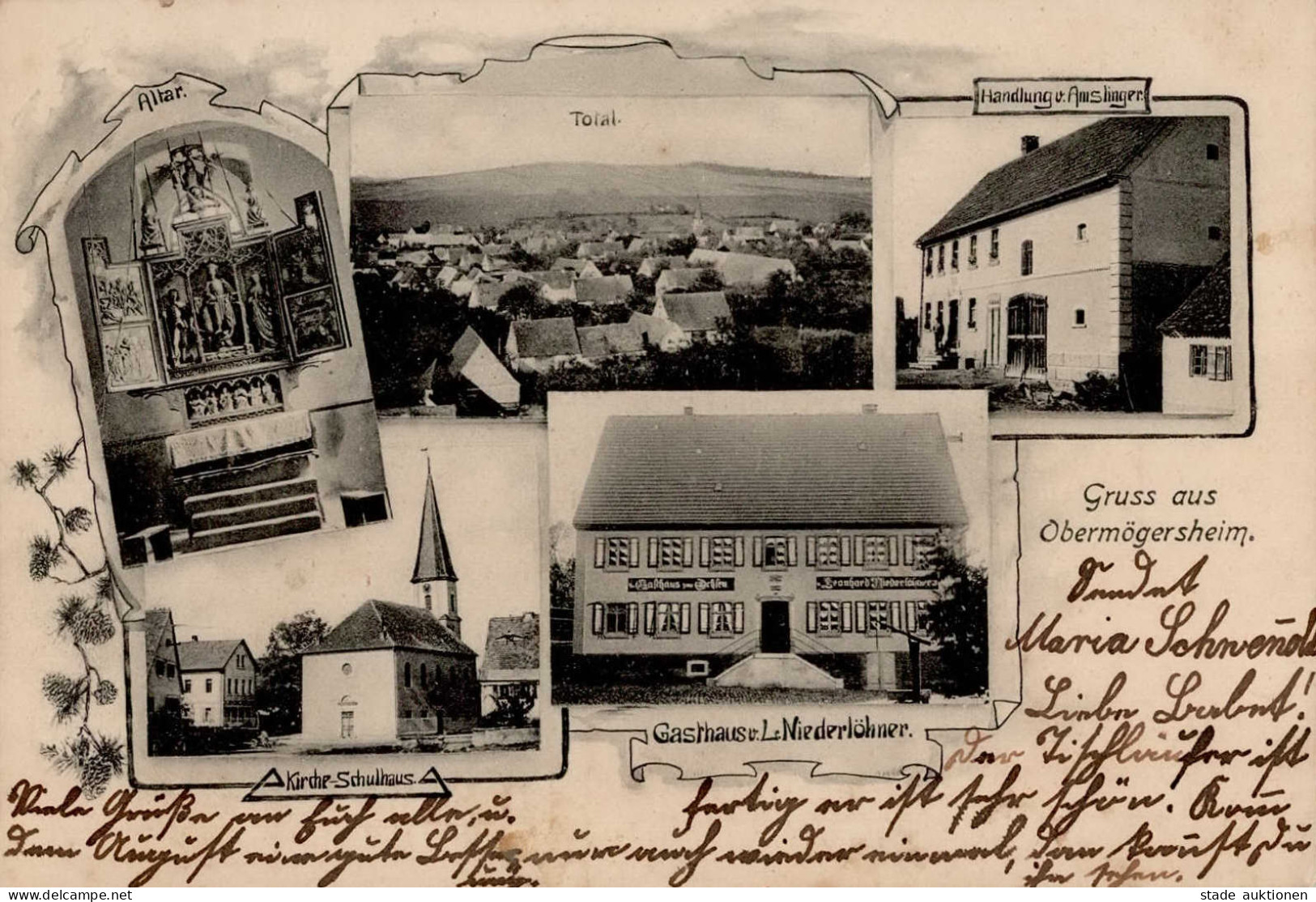 Obermögersheim (8822) Gasthaus Niederlöhner Handlung Amslinger Schulhaus 1904 I- - Other & Unclassified