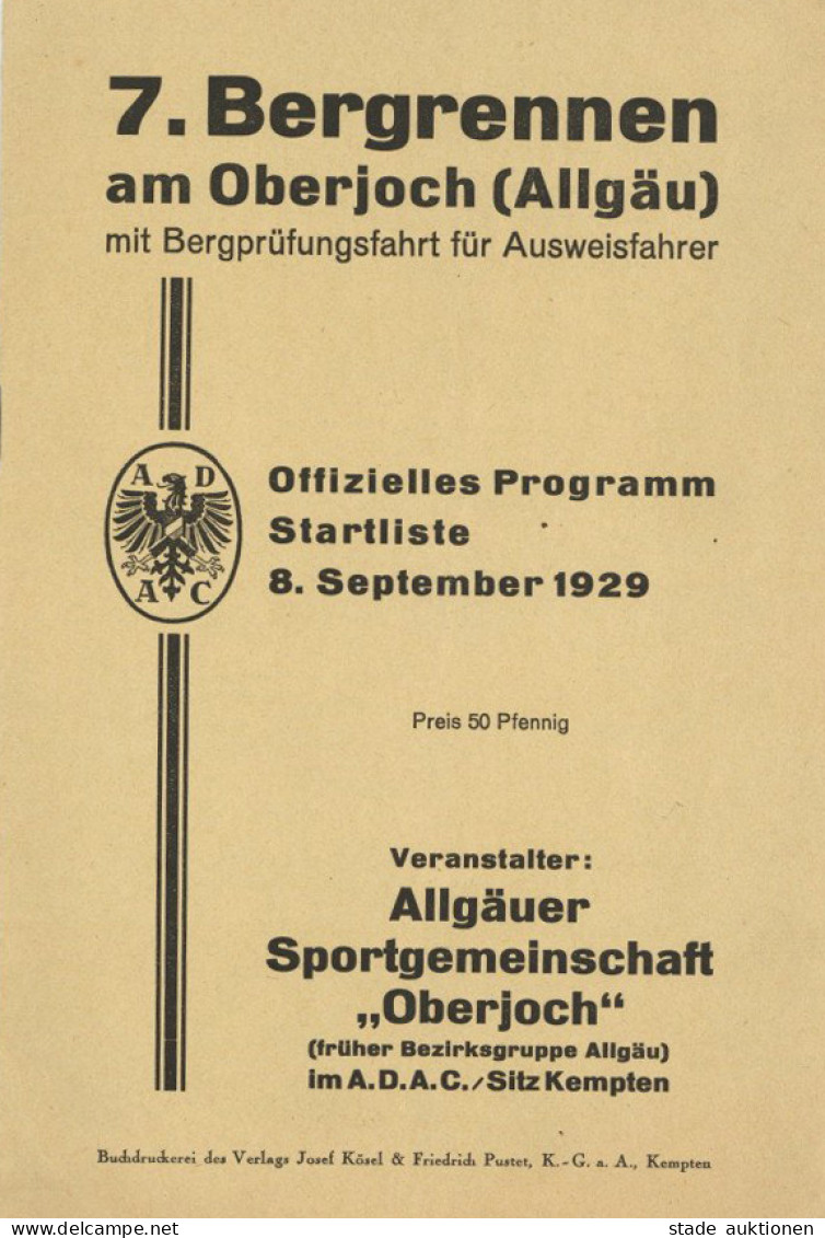 Oberjoch (8973) Bergrennen Offizielles Programm Mit Startliste Vom 8. Sept. 1929, 24 S. II - Other & Unclassified