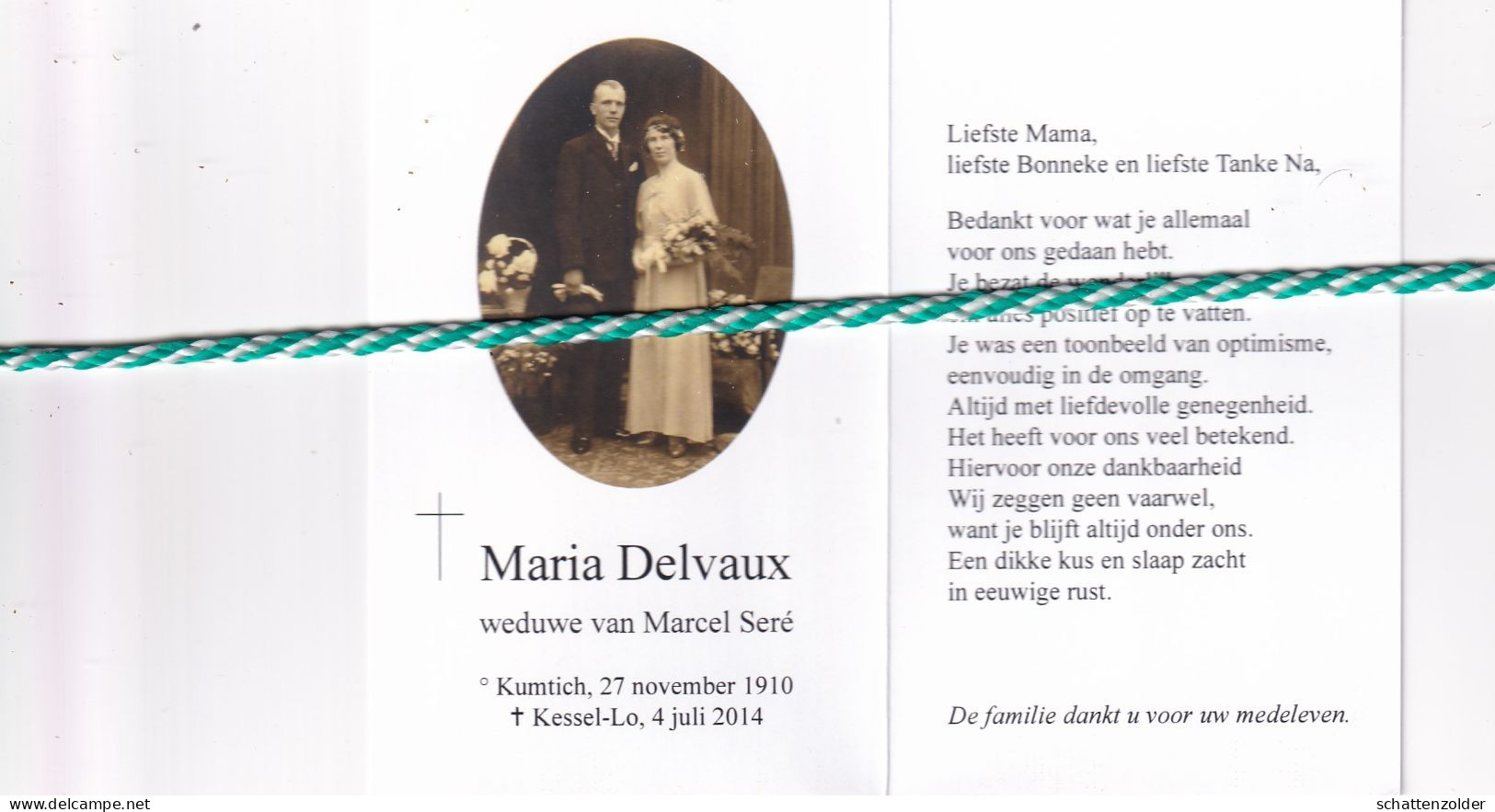 Maria Delvaux-Seré, Kumtich 1910, Kessel-Lo 2014. Honderdjarige. Foto - Overlijden