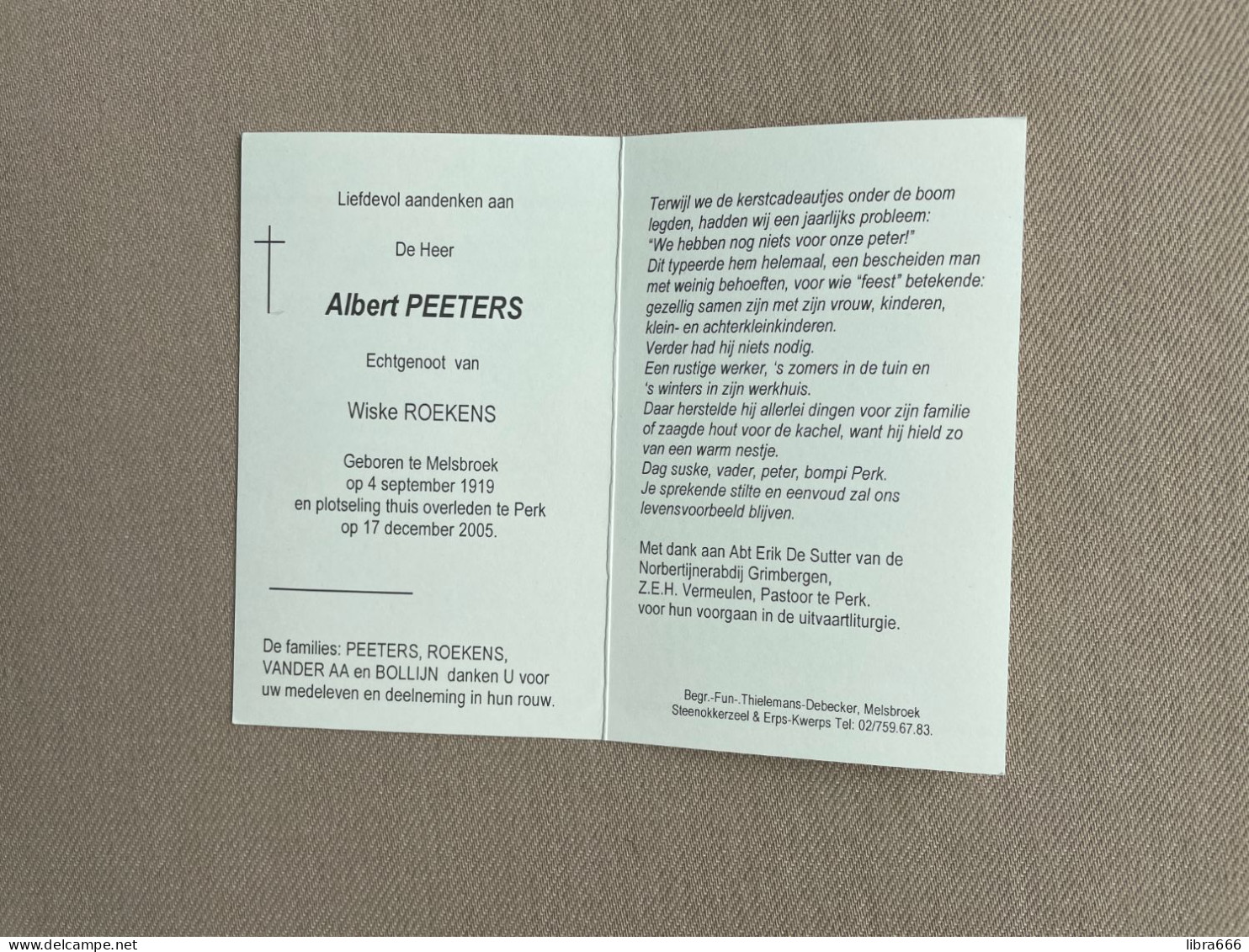 PEETERS Albert °MELSBROEK 1919 +PERK 2005 - ROEKENS - VANDER AA - BOLLIJN - Abt Erik De Sutter - Z.E.H Vermeulen Pastoor - Décès