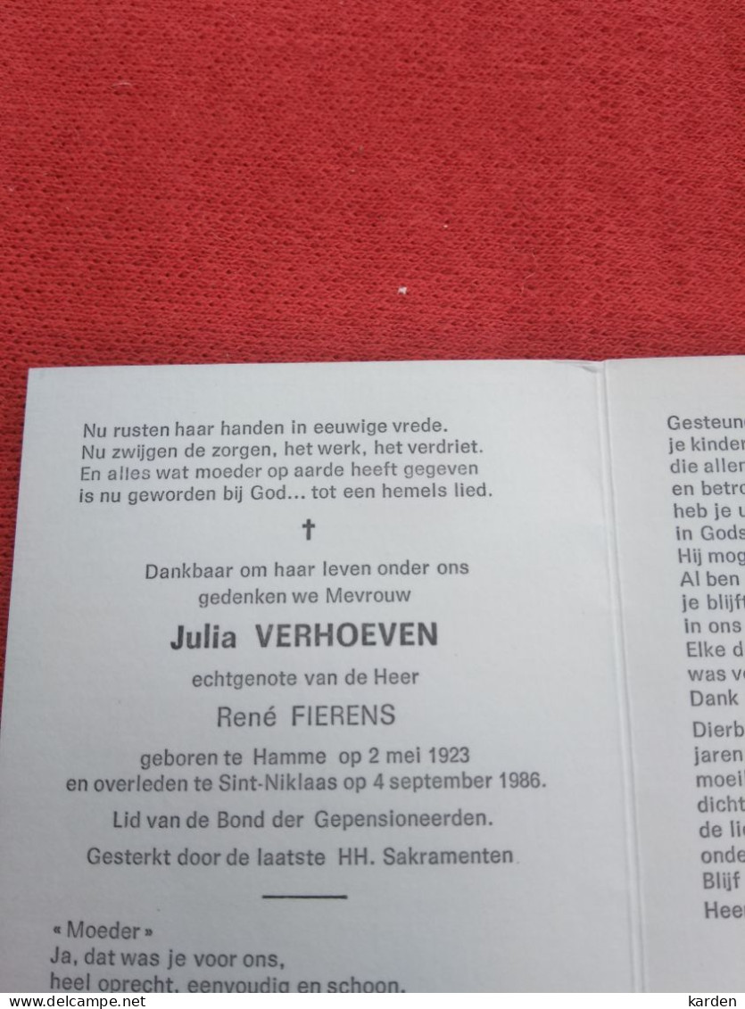 Doodsprentje Julia Verhoeven / Hamme 2/5/1923 Sint Niklaas 4/9/1986 ( René Fierens ) - Religion &  Esoterik