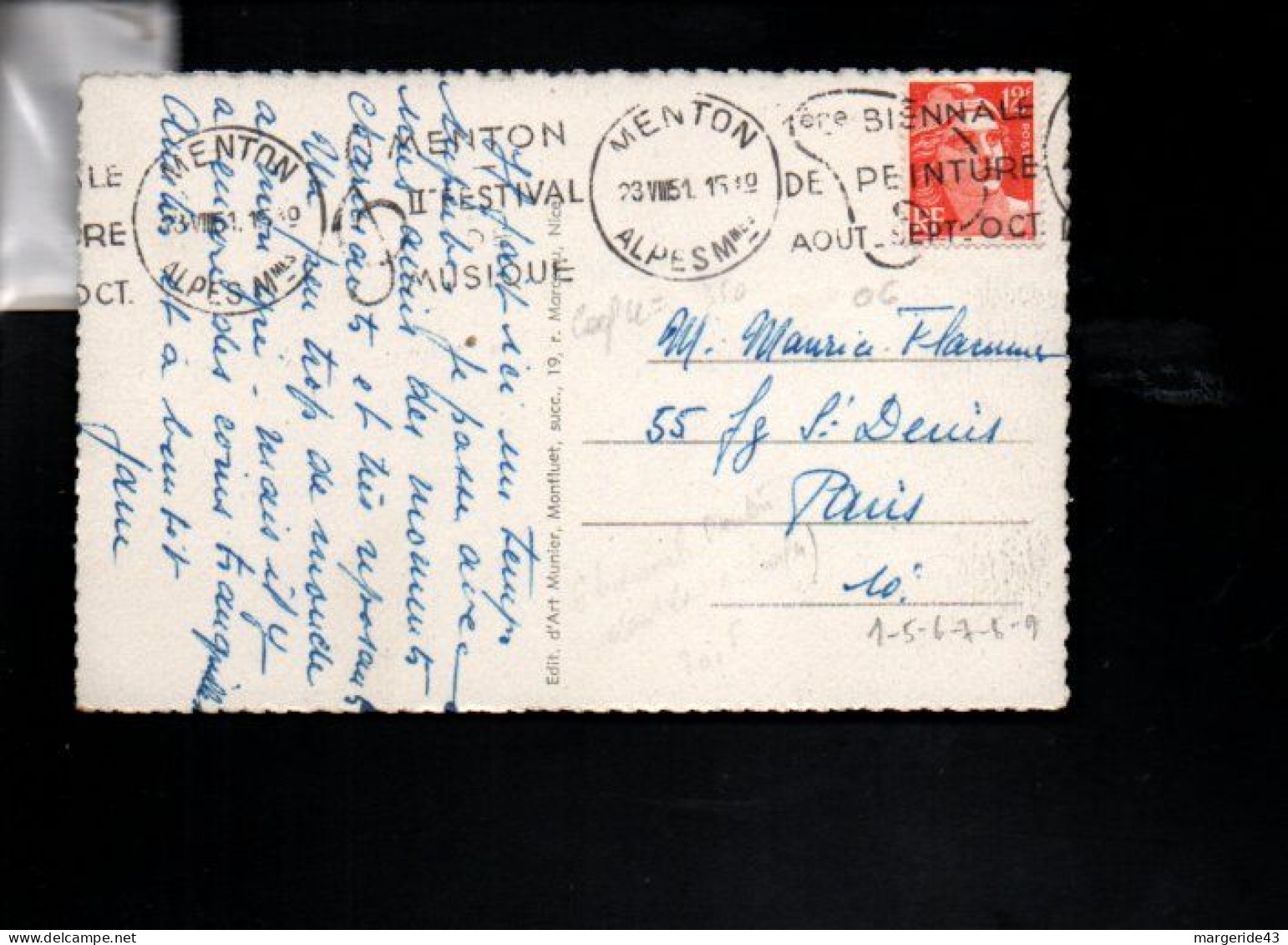 OBLITERATION MECANIQUE BIENALLE DE MENTON 1951 - Mechanical Postmarks (Other)