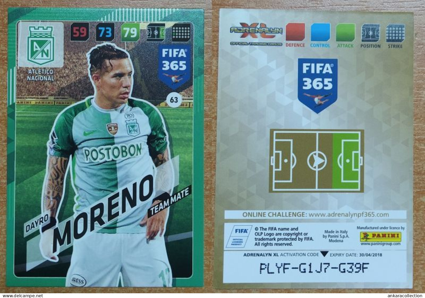 AC - 63 DAYRO MORENO  ATLETICO NACIONAL  PANINI FIFA 365 2018 ADRENALYN TRADING CARD - Skating (Figure)