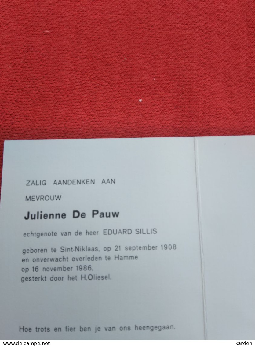 Doodsprentje Julienne De Pauw / Sint Niklaas 21/9/1908 Hamme 16/11/1986 ( Eduard Sillis ) - Religión & Esoterismo