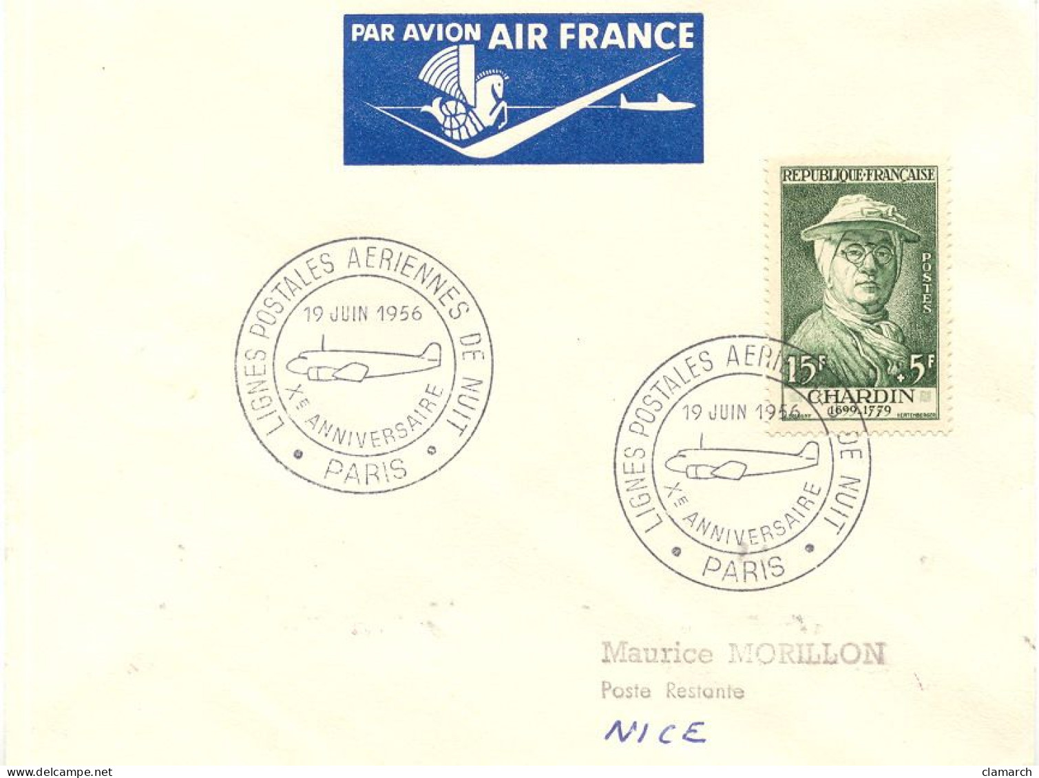 Aérophilatélie-Liaison Postale Aérienne De Nuit Xè Anniversaire 19 Juin 1956 PARIS-NICE- Cachet De Paris Du 19.06.56 - First Flight Covers
