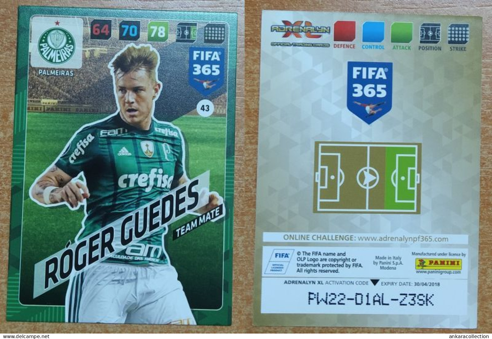 AC - 43 ROGER GUEDES  PALMEIRAS  PANINI FIFA 365 2018 ADRENALYN TRADING CARD - Patinage Artistique