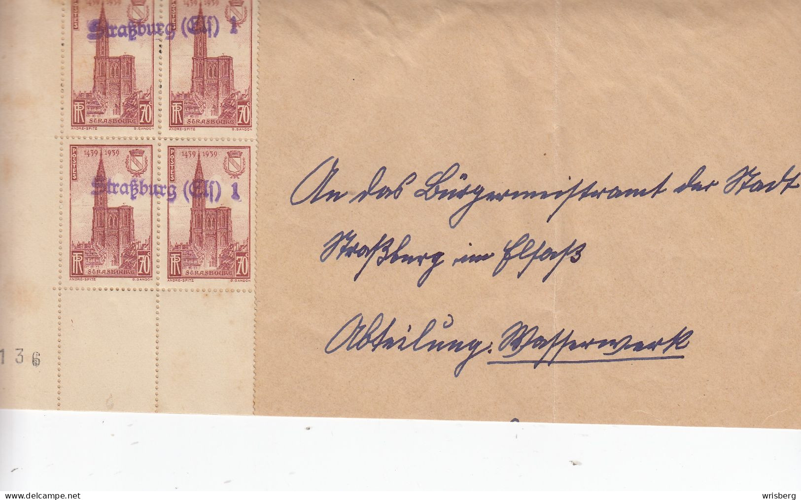 ENV. AFFR. Y&T 443 BLOC DE 4  NUMEROTE  OBL. STRASSBURG (ELS)1 ADRESSEE à BURGERMEISTERAMT /WASSERWERK - Storia Postale