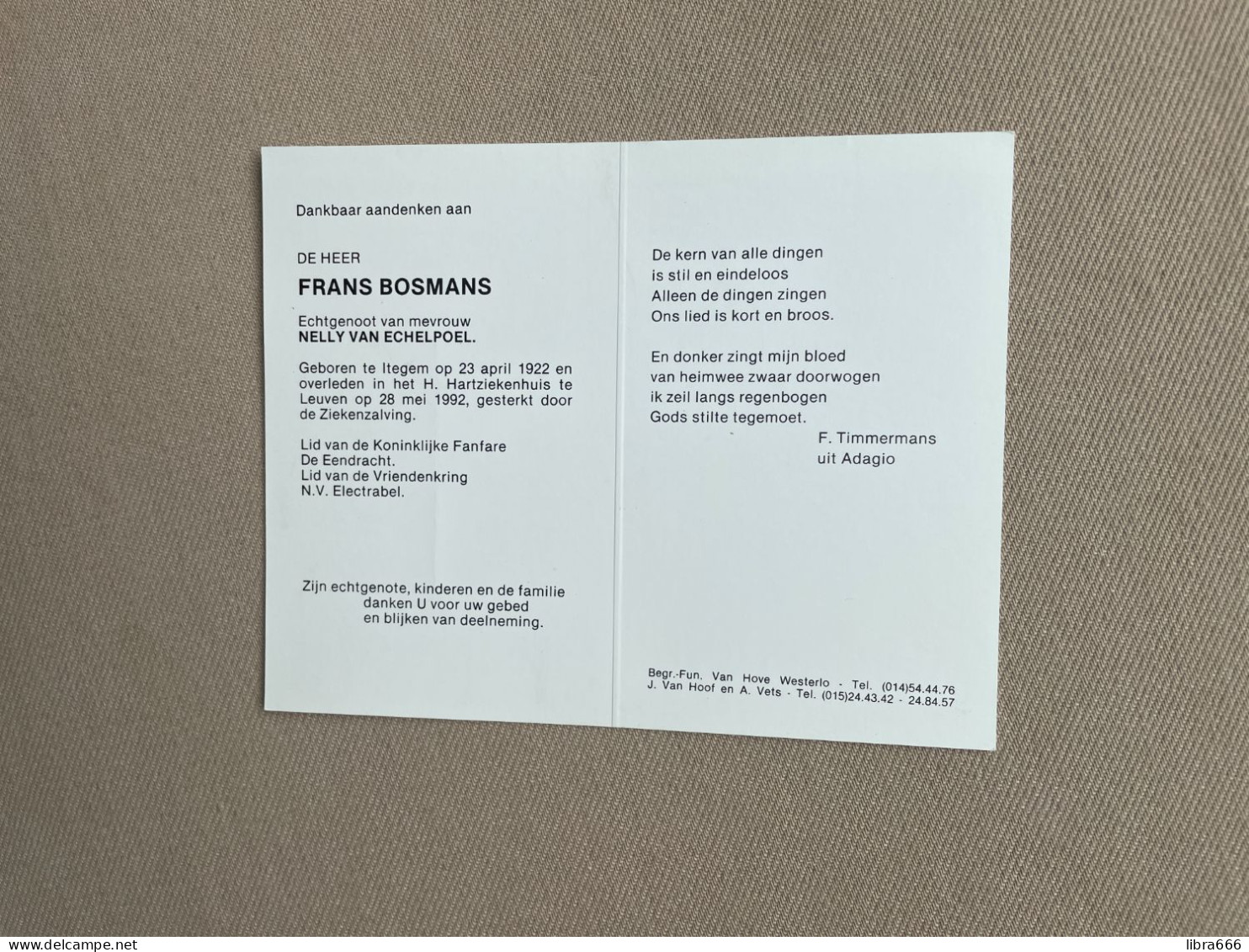 BOSMANS Frans °ITEGEM 1922 +LEUVEN 1992 - VAN ECHELPOEL - Lid Kon. Fanfare De Eendracht - Vriendenkring N.V. Electrabel - Obituary Notices