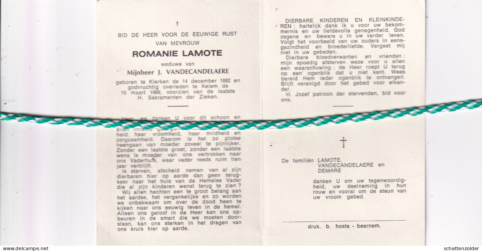 Romanie Lamote-Vandecandelaere, Klerken 1882, Keiem 1966 - Obituary Notices