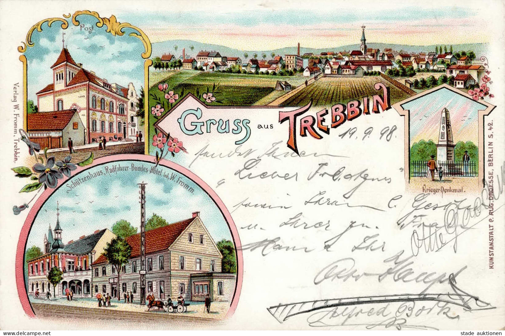 Trebbin (o-1712) Schützenhaus Radfahrer-Bundes-Hotel Kriegerdenkmal Postamt 1898 II (Stauchung) - Other & Unclassified