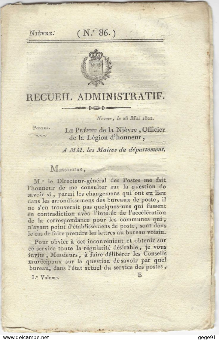 Recueil Administratif De La Nièvre N°86 - 1822 - Voir Le Descriptif Pour Le Contenu - Wetten & Decreten