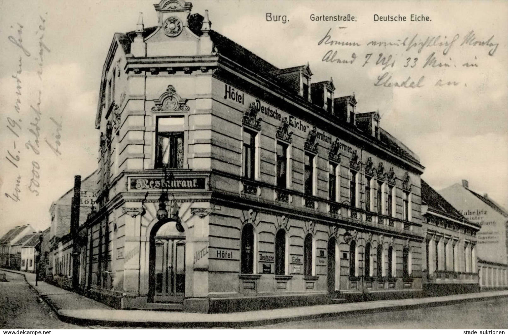 Burg (o-3270) Gartenstrasse Gasthaus Hotel Deutsche Eiche 1910 I-II (fleckig) - Autres & Non Classés