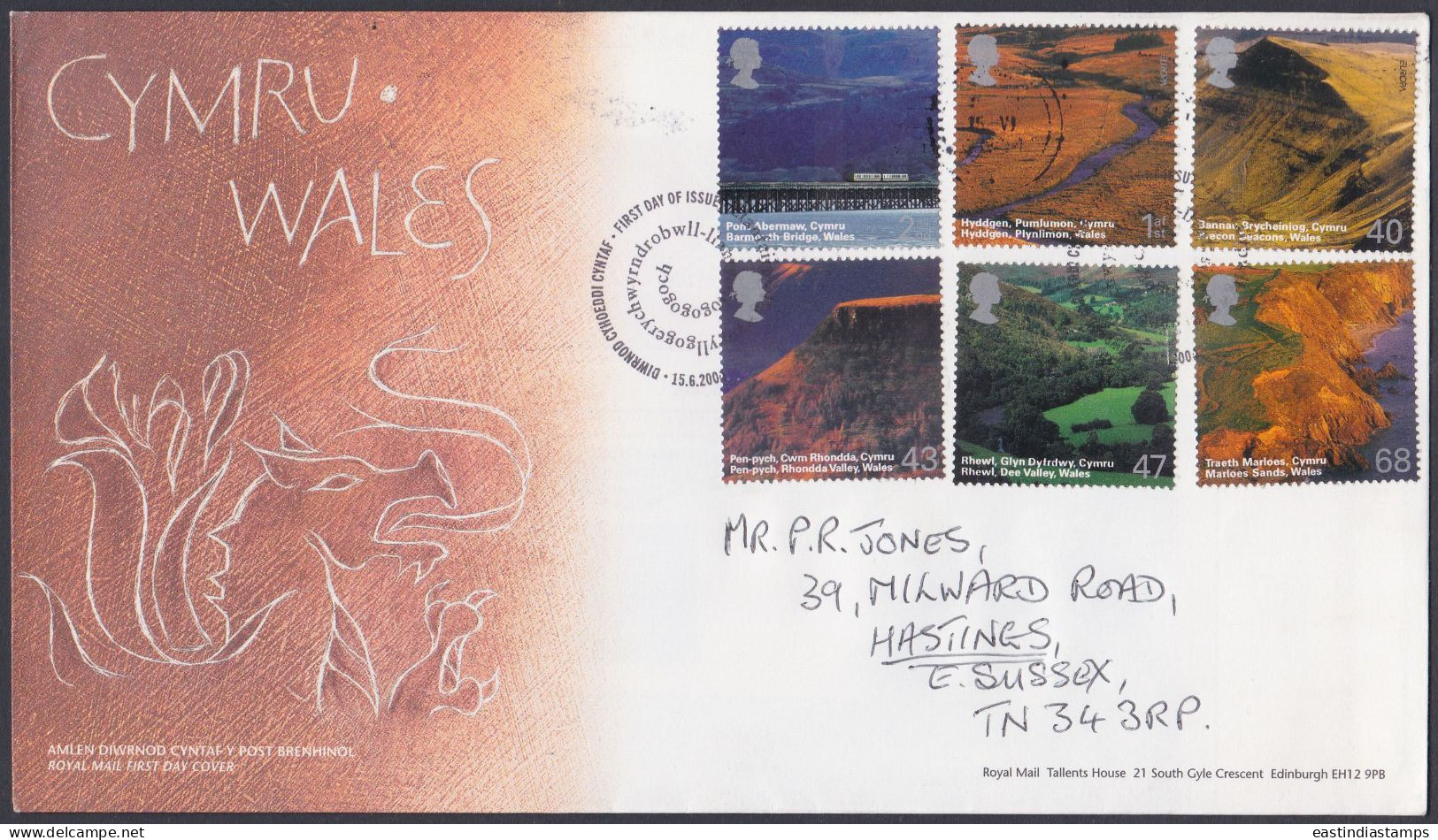 GB Great Britain 2000 FDC Cymru, Wales, Welsh, Natural, River, Cliff, Mountain, Landscape, Bridge, Railway, Train, Cover - Lettres & Documents