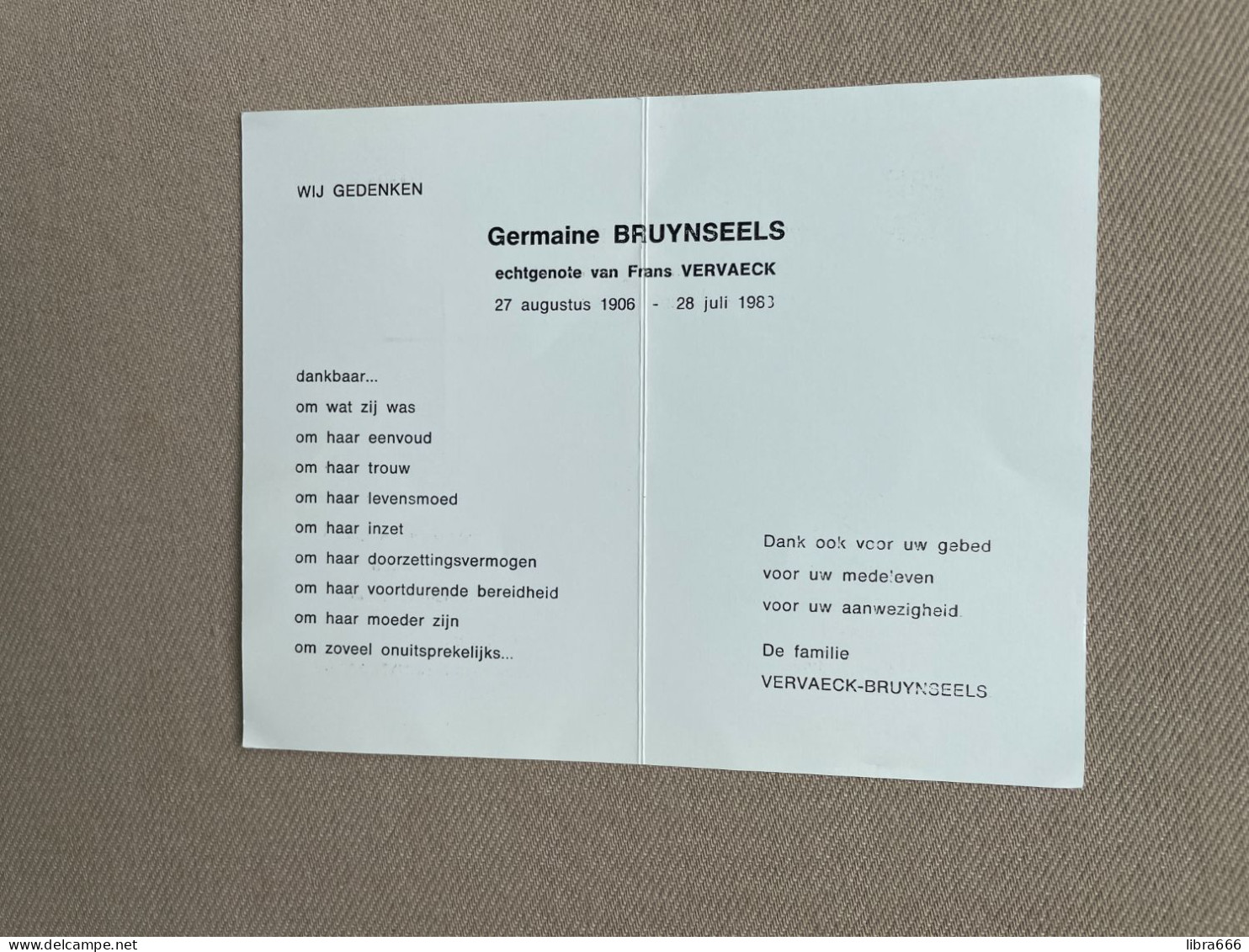 BRUYNSEELS Germaine ° 1906 + 1983 - VERVAECK - Obituary Notices