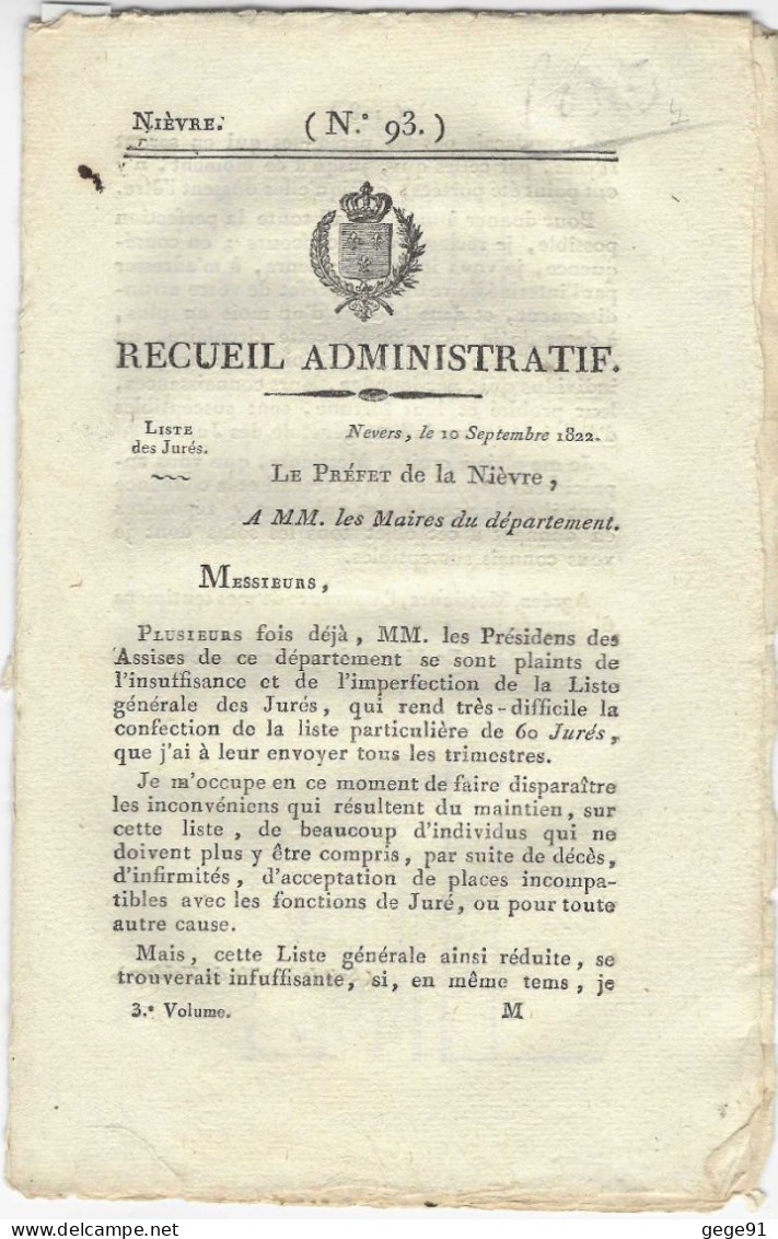 Recueil Administratif De La Nièvre N°93 - 1822 - Voir Le Descriptif Pour Le Contenu - Gesetze & Erlasse