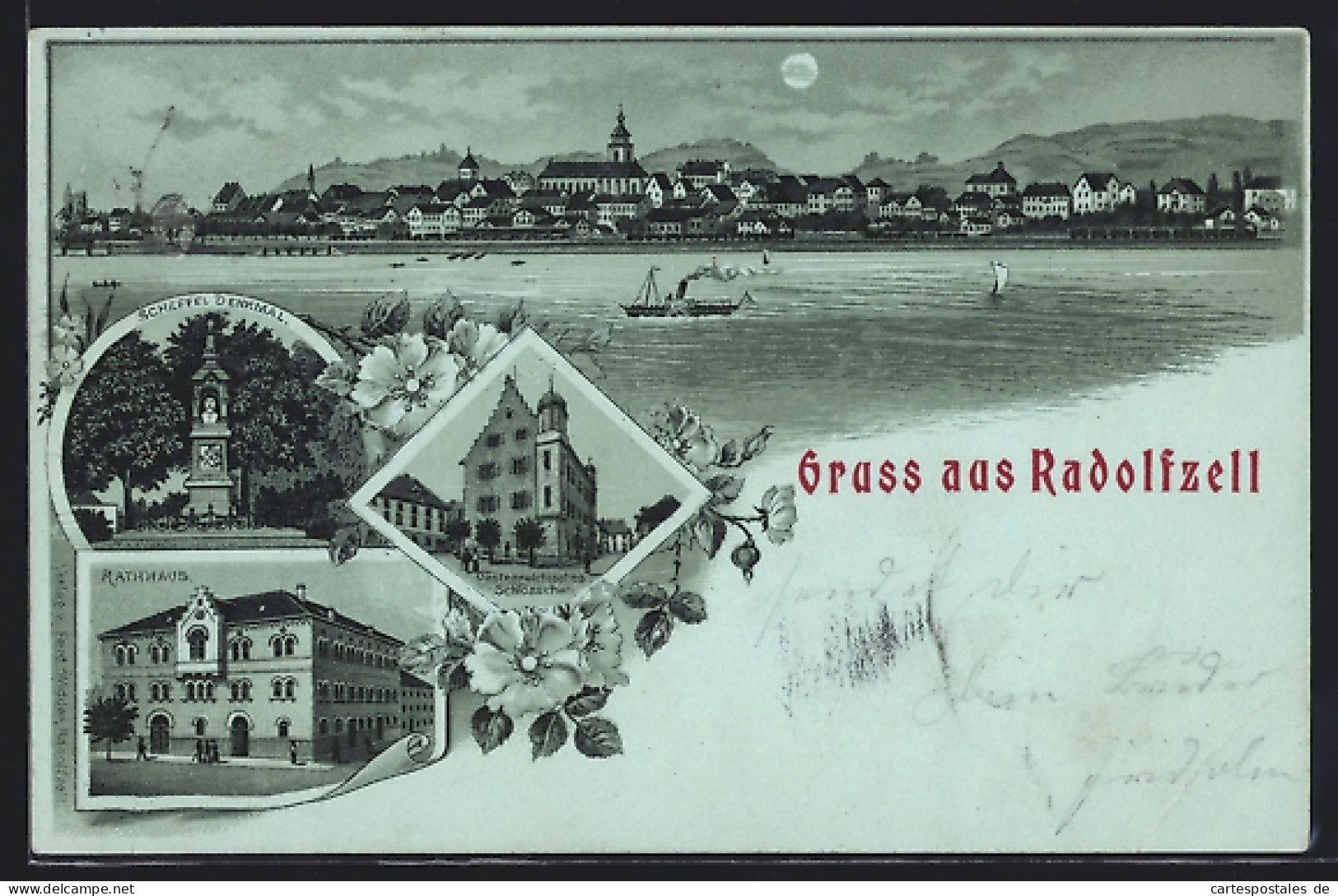 Mondschein-Lithographie Radolfzell, Oesterreichisches Schlösschen, Rathaus, Scheffel-Denkmal  - Radolfzell