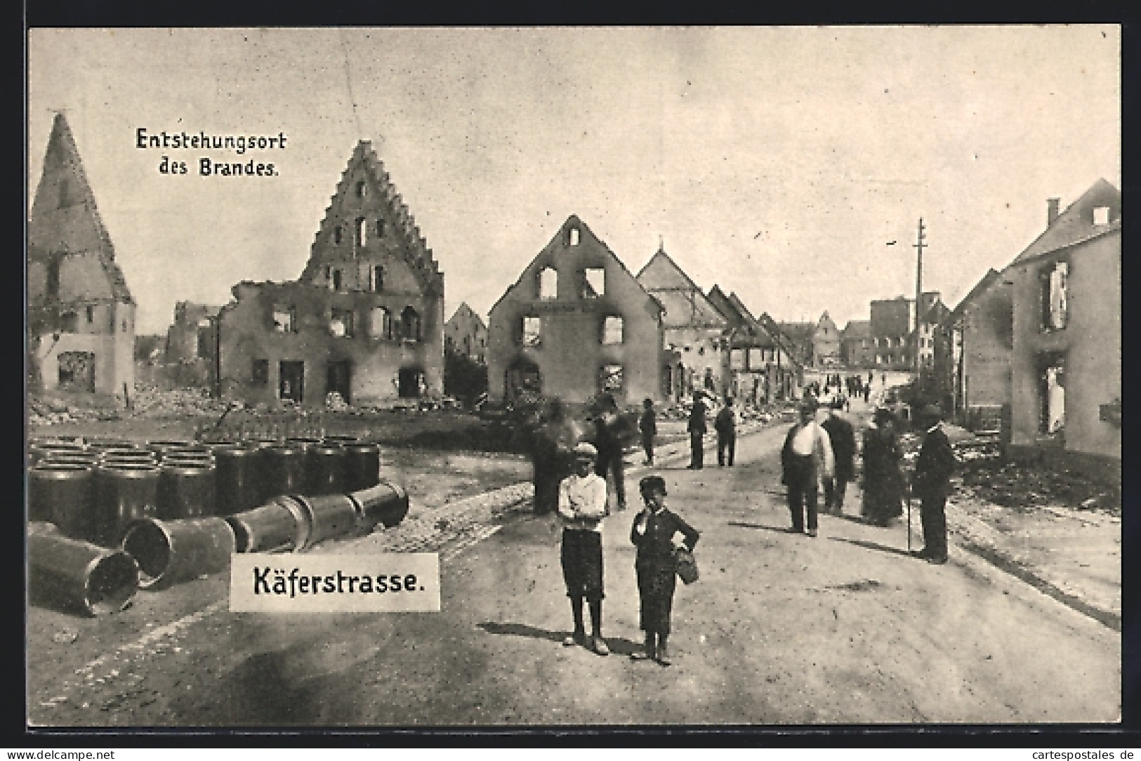 AK Donaueschingen, Die Brandkatastrophe 1908, Käferstrasse Mit Dem Entstehungsort Des Brandes  - Catastrofi