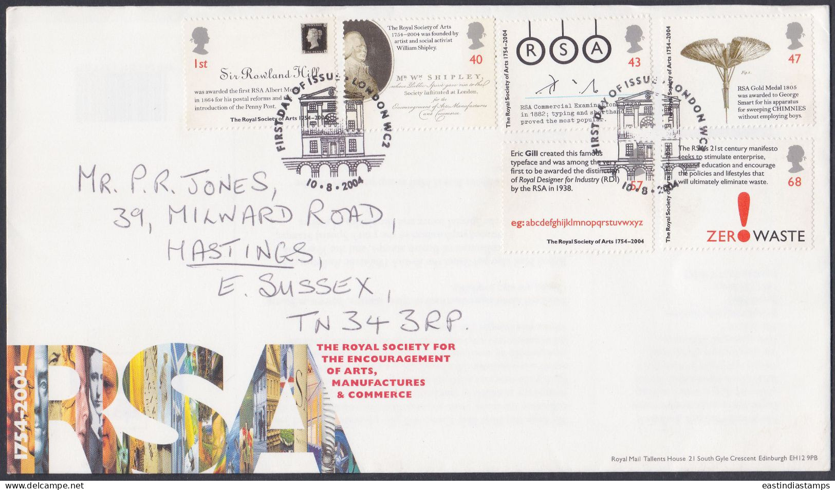 GB Great Britain 2004 FDC Royal Society, Arts, Commerce, Rowland Hill, William Shipley, Eric Gill, Chimney Sweep, Art - Storia Postale