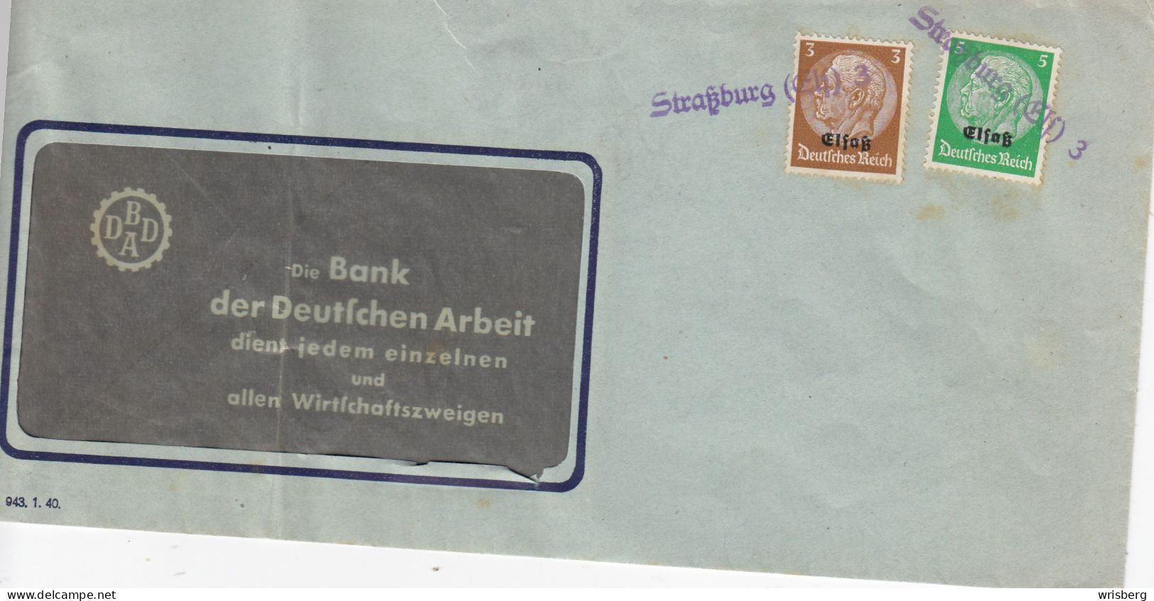 ENV. AFFR. MICHEL  ELSASS 1 + 8  OBL. STRASSBURG (ELS)3  (BANK DER DEUTSCHEN ARBEIT A.G.) - Lettres & Documents