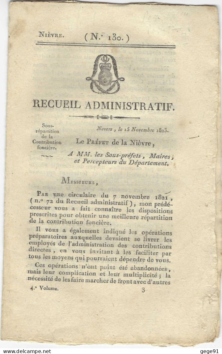 Recueil Administratif De La Nièvre N°130 - 1823 - Voir Le Descriptif Pour Le Contenu - Gesetze & Erlasse