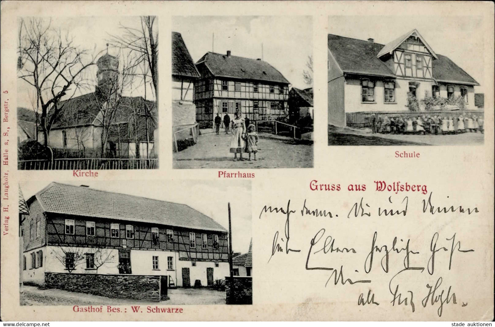 Wolfsberg (o-4701) Gasthaus Schwarze Schule Pfarrhaus Kirche 1899 I-II (Stauchung) - Autres & Non Classés