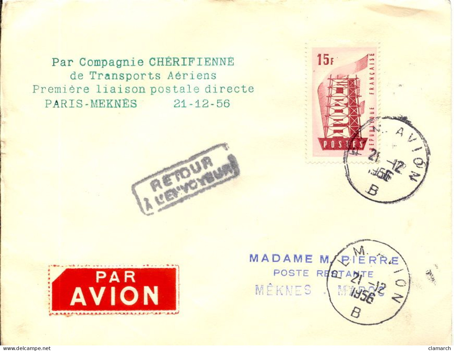 Aérophilatélie-Par Compagnie Chérifienne De Transports Aériens-Première Liaison Postal Directe PARIS-MEKNES-cachet De Pa - Eerste Vluchten