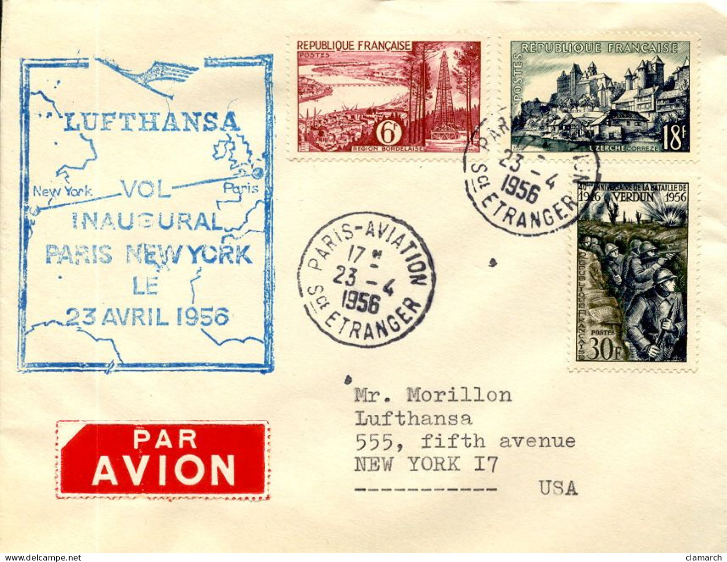 Aérophilatélie-Vol Inaugural PARIS-New York Par Avion Lufthansa-cachet De Paris Du 23.04.56 - Primeros Vuelos