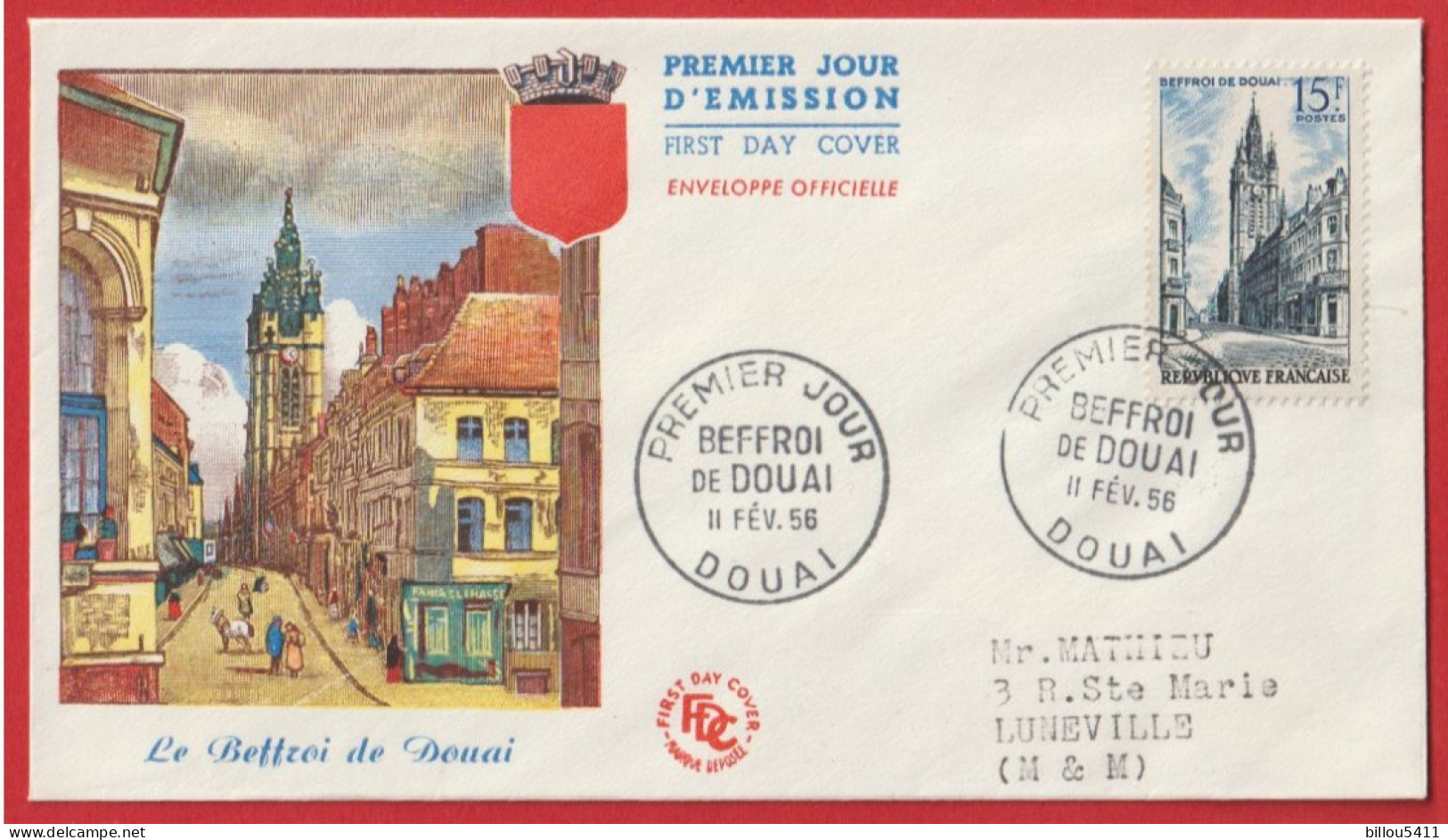 FDC - Premier Jour - BEFFROI De DOUAI - Fev 19566 - DOUAI - 1950-1959