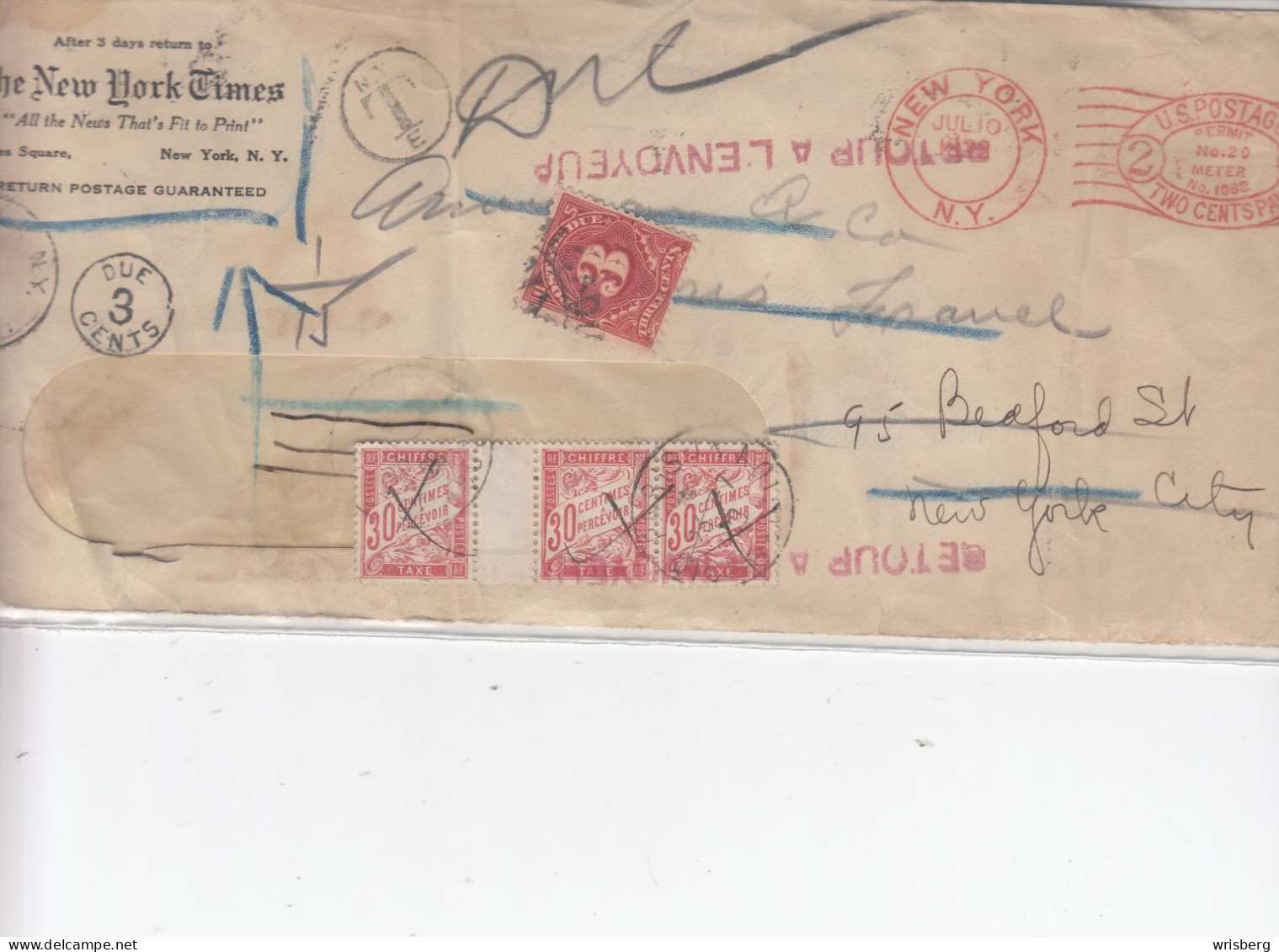 ENV. EMA  US POSTAGE 2 CENTS TAXEE 39 + 3x33  OBL. NEW YORK Du 12.7.1928 ADRESSEE A PARIS - Lettres & Documents