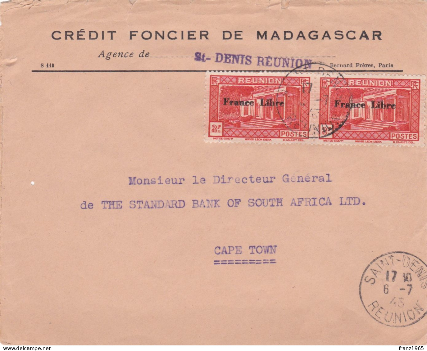 From Reunion To South Africa - 1943 - Lettres & Documents