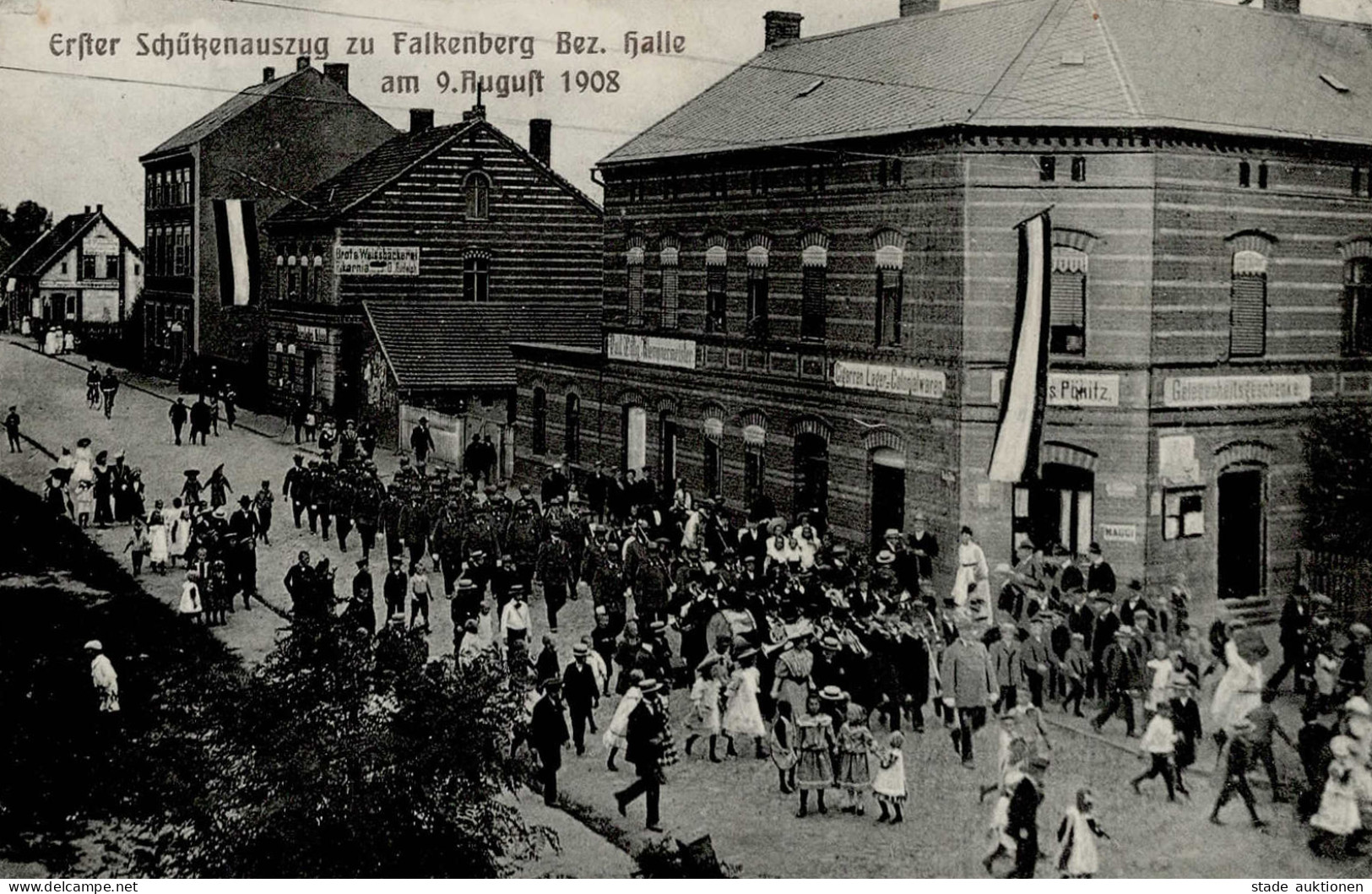 Falkenberg (o-7900) Schützenauszug 9. August 1908 Emailschild Zigarren- Und Kolonialwarenhandlung I- - Other & Unclassified