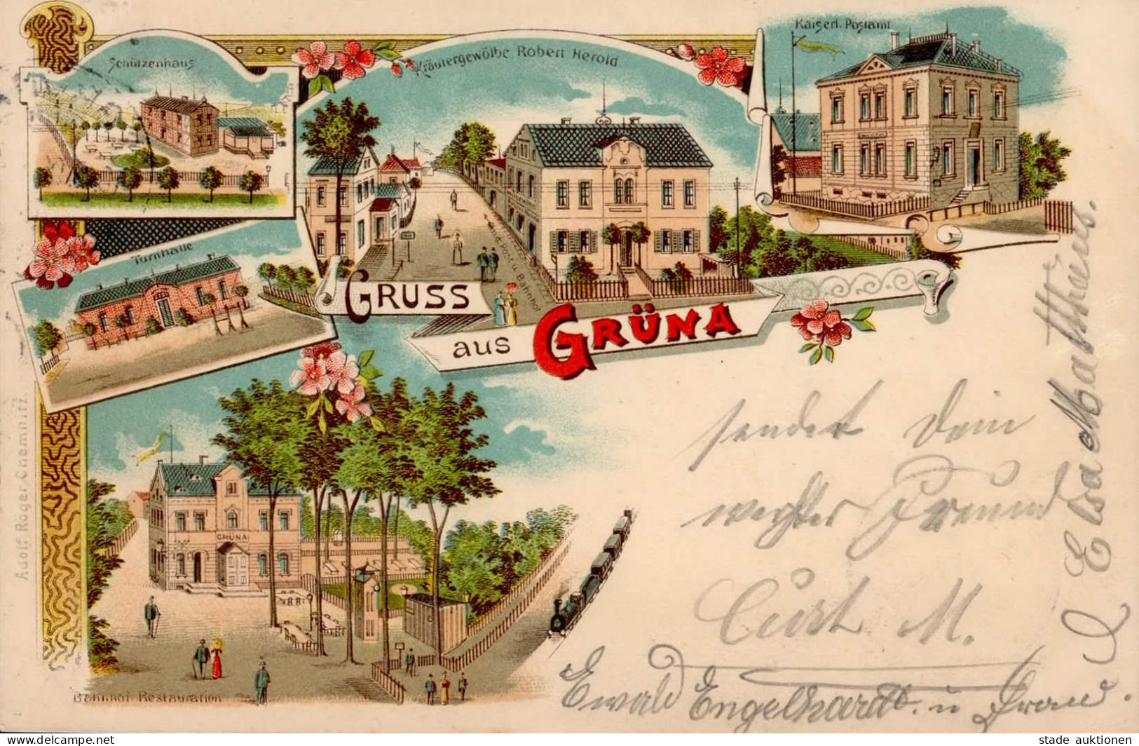 Grüna (o-9125) Schützenhaus Bahnhofs-Gasthaus Postamt Eisenbahn 1900 I Chemin De Fer - Other & Unclassified