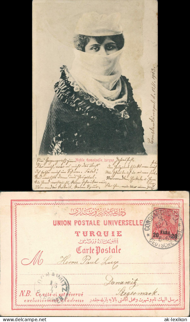 Postcard Türkei   Typen Noble Demoiselle Turque 1904 Gel Deutsche Post Istanbul - Türkei