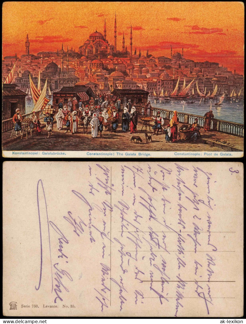 Istanbul Konstantinopel | Constantinople Stadt, Galatabrücke Künstlerkarte 1917 - Turkije