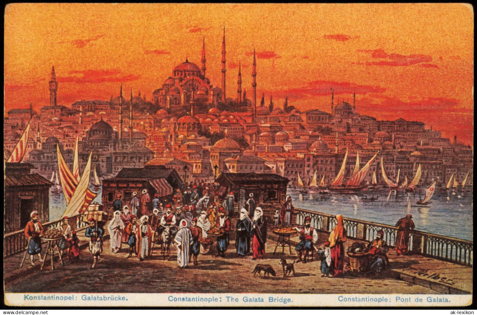 Istanbul Konstantinopel | Constantinople Stadt, Galatabrücke Künstlerkarte 1917 - Turkije