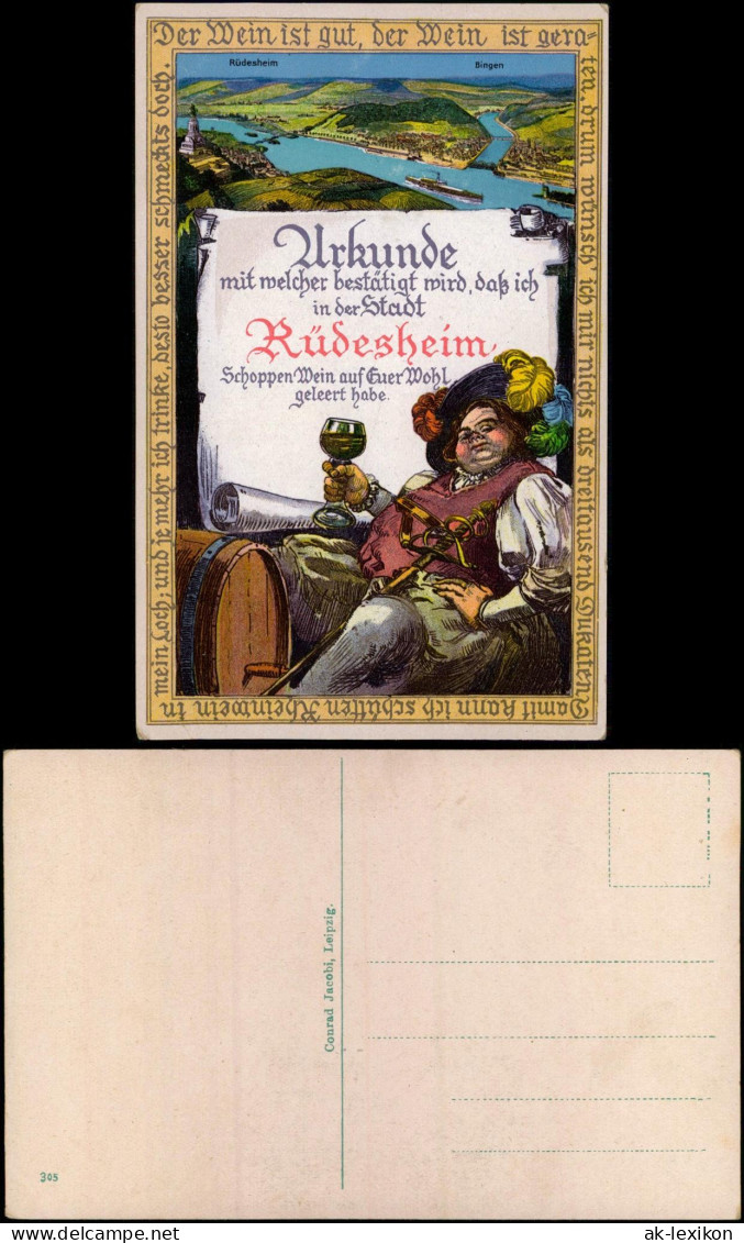 Ansichtskarte Rüdesheim (Rhein) Stadt Urkunde Wein Trinkender Mann 1924 - Ruedesheim A. Rh.