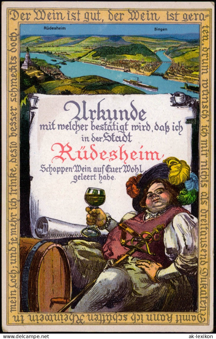 Ansichtskarte Rüdesheim (Rhein) Stadt Urkunde Wein Trinkender Mann 1924 - Ruedesheim A. Rh.