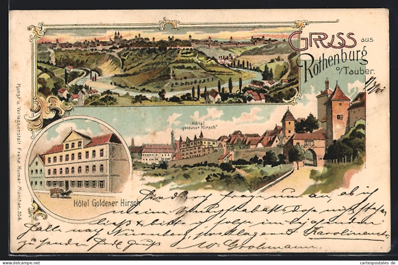 Lithographie Rothenburg / Tauber, Hotel Goldener Hirsch, Ortsansicht Mit Blick In Das Taubertal  - Rothenburg O. D. Tauber