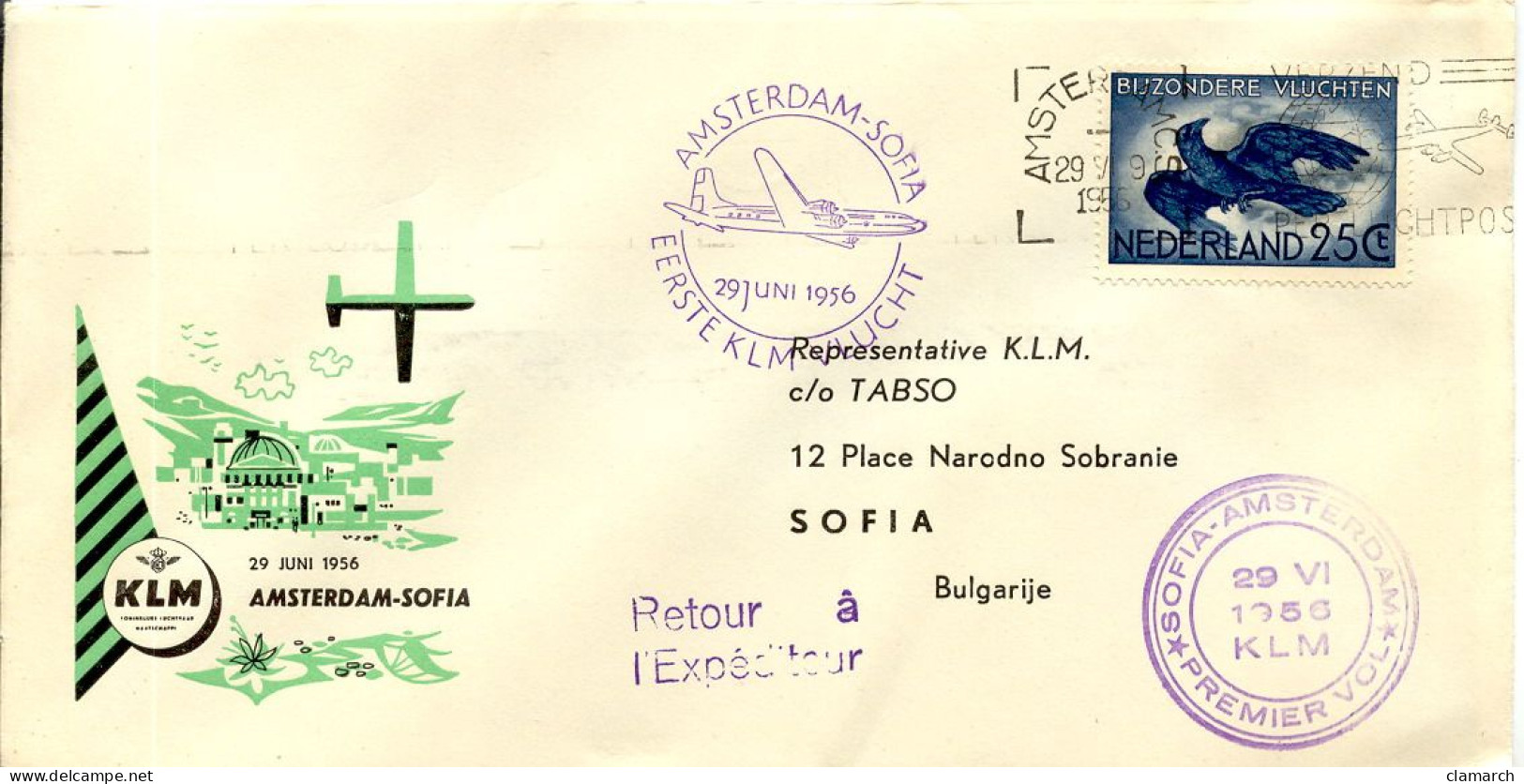 Aérophilatélie-Eerste KLM Vlucht AMSTERDAM-SOFIA-cachet D'Amsterdam Du 29.06.56 - Primeros Vuelos