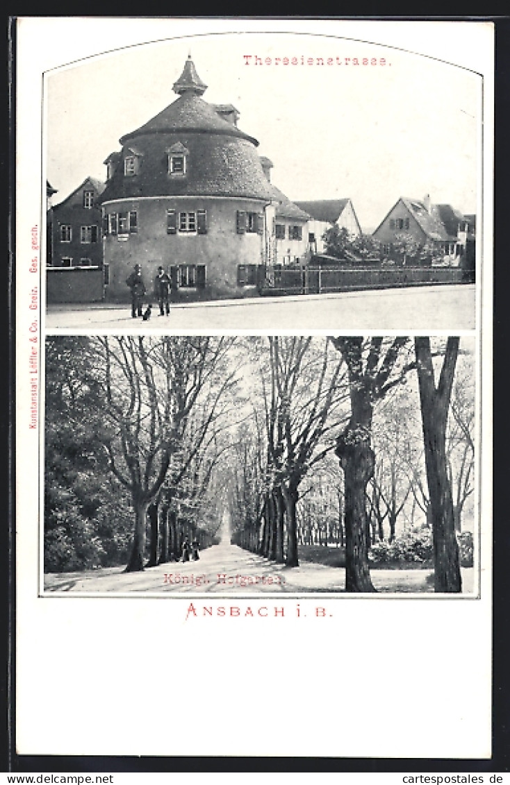 AK Ansbach, Theresienstrasse & Königl. Hofgarten  - Ansbach
