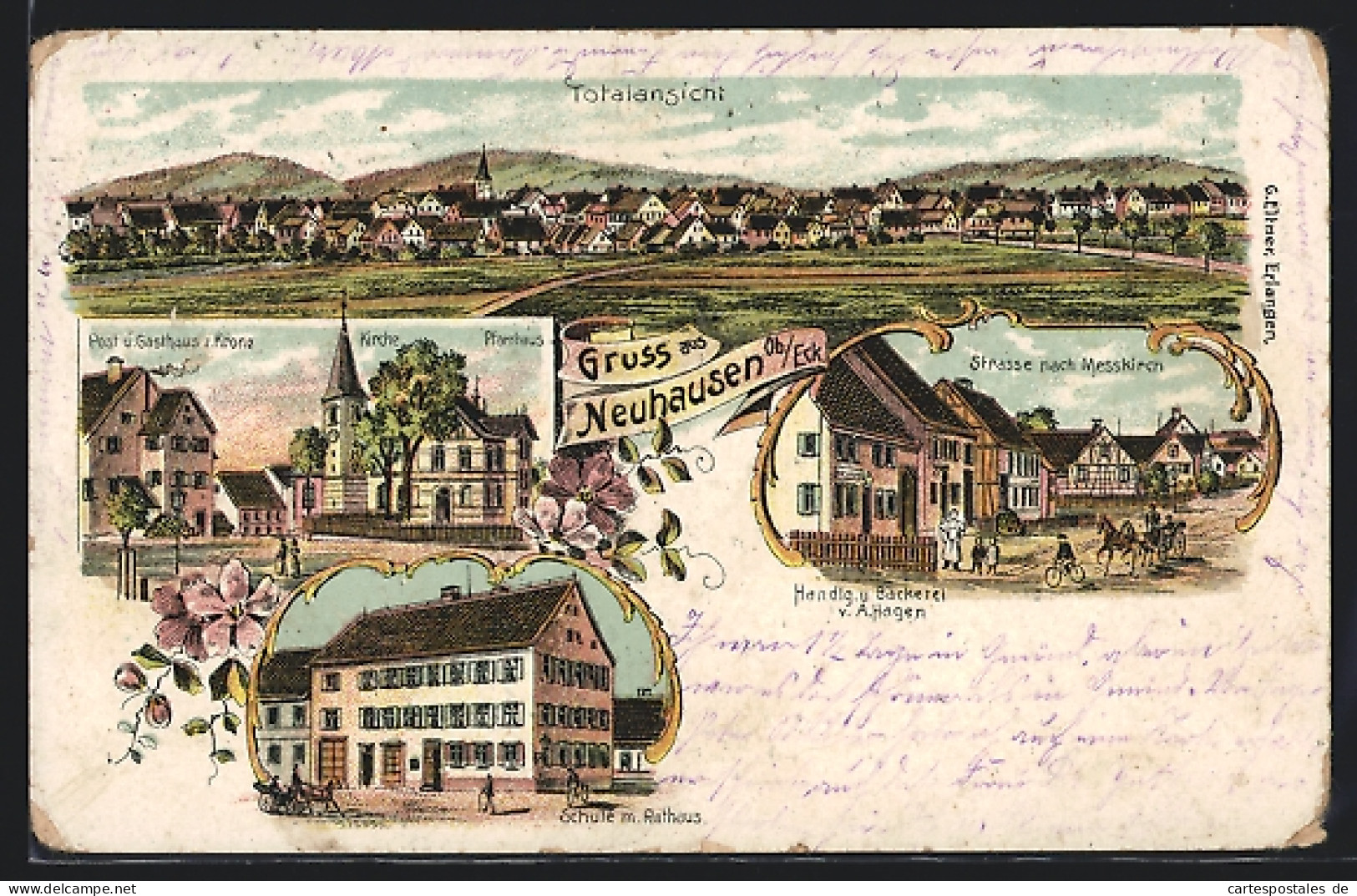 Lithographie Neuhausen, Schule Mit Rathaus, Kirche, Post U. Gasthaus Zur Krone  - Altri & Non Classificati