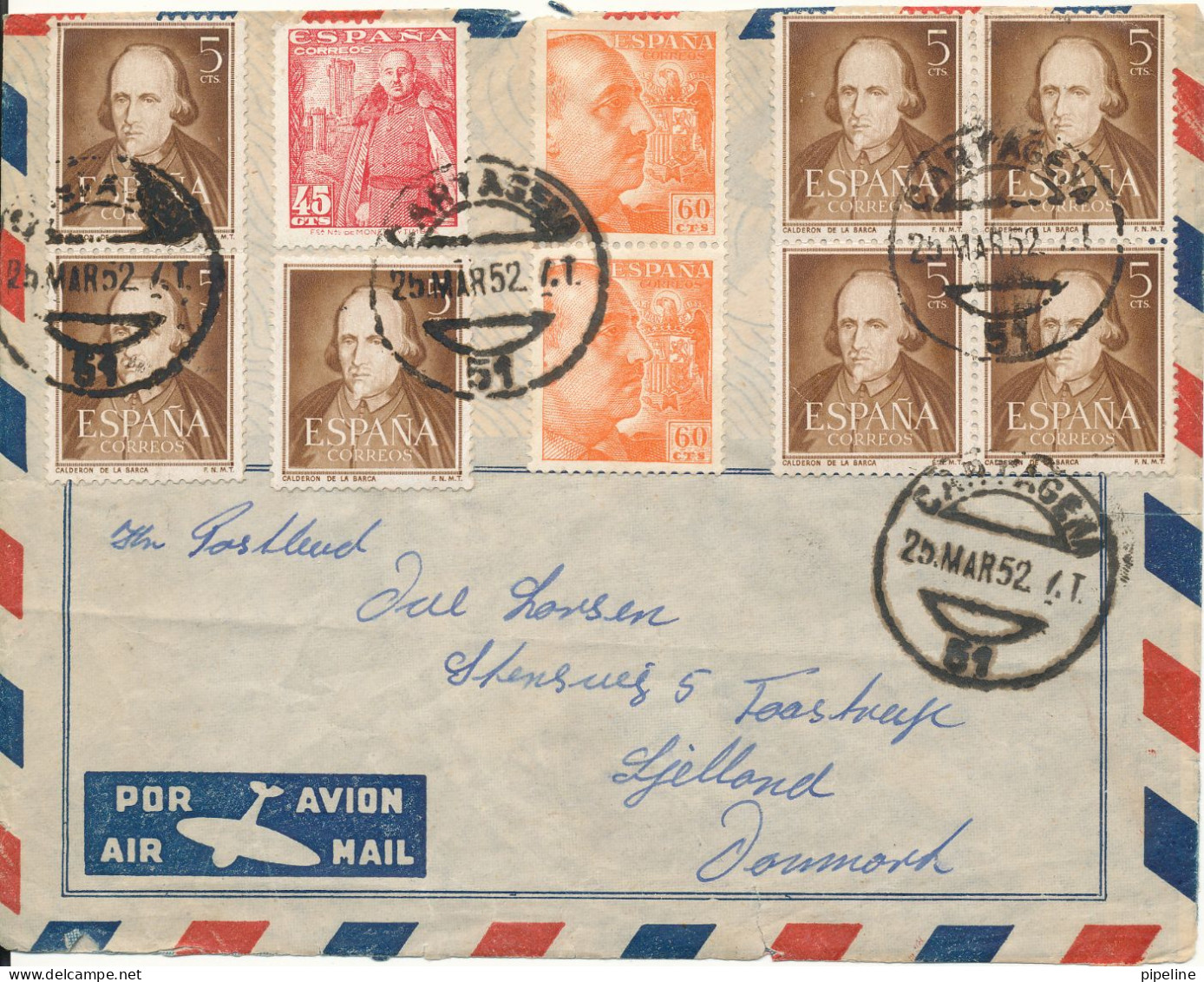 Spain Cover Sent  Air Mail To Denmark 20-3-1952 With S Lot Of Stamps (there Is A Tear At The Bottom Of The Cover) - Brieven En Documenten