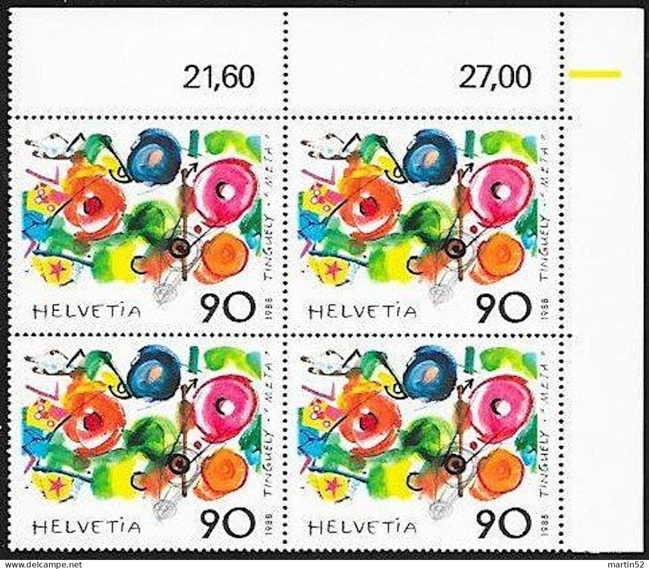 Schweiz Suisse 1988: "Jean Tinguely" Zu 769 Mi 1380 Yv 1308 Block Mit Eckrand ** Postfrisch MNH (Zumstein CHF 10.00) - Emissions Communes