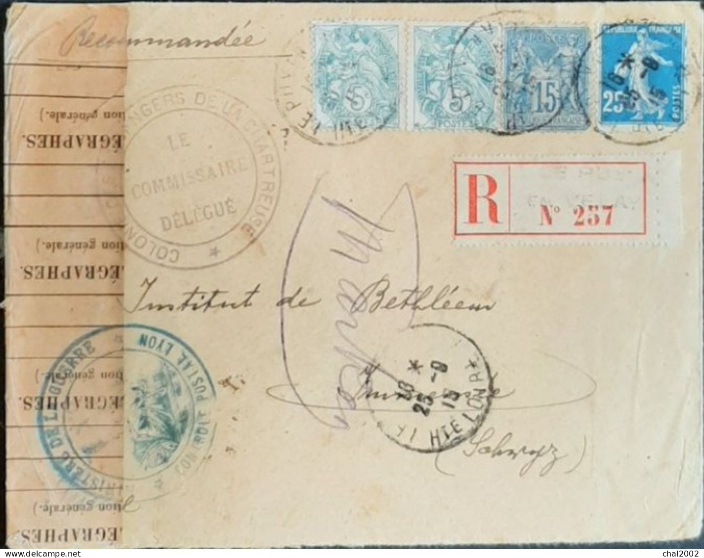 Lettre Recommandée 1915 Ministère De La Guerre Controle Postal Lyon Cachet Suisse Du N29/9/1915 - Brieven En Documenten