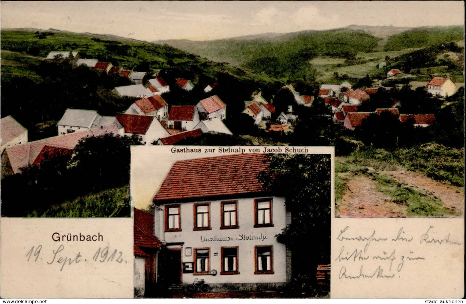 Grünbach (o-9705) Gasthaus Zur Steinalp Jacob Schuch 1912 I-II - Other & Unclassified