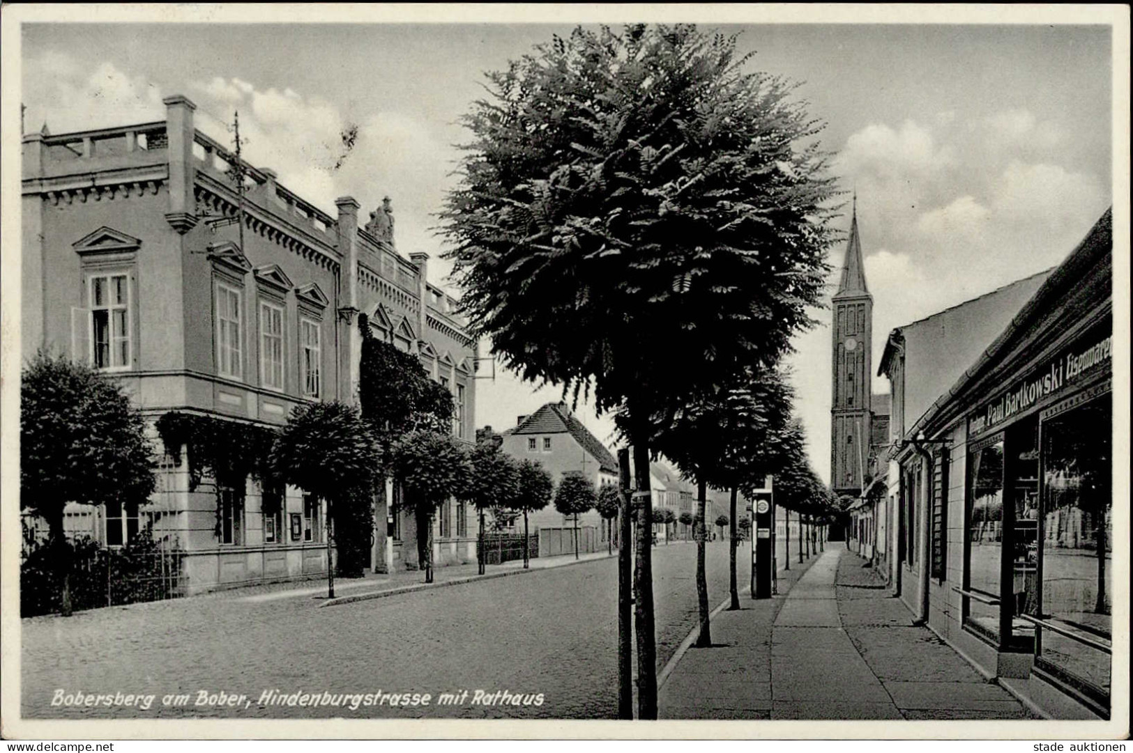 Bobersberg Hindenburgstrasse Rathaus Kirche Paul Bartkowski Eisenwarenhandlung I-II (fleckig) - Poland