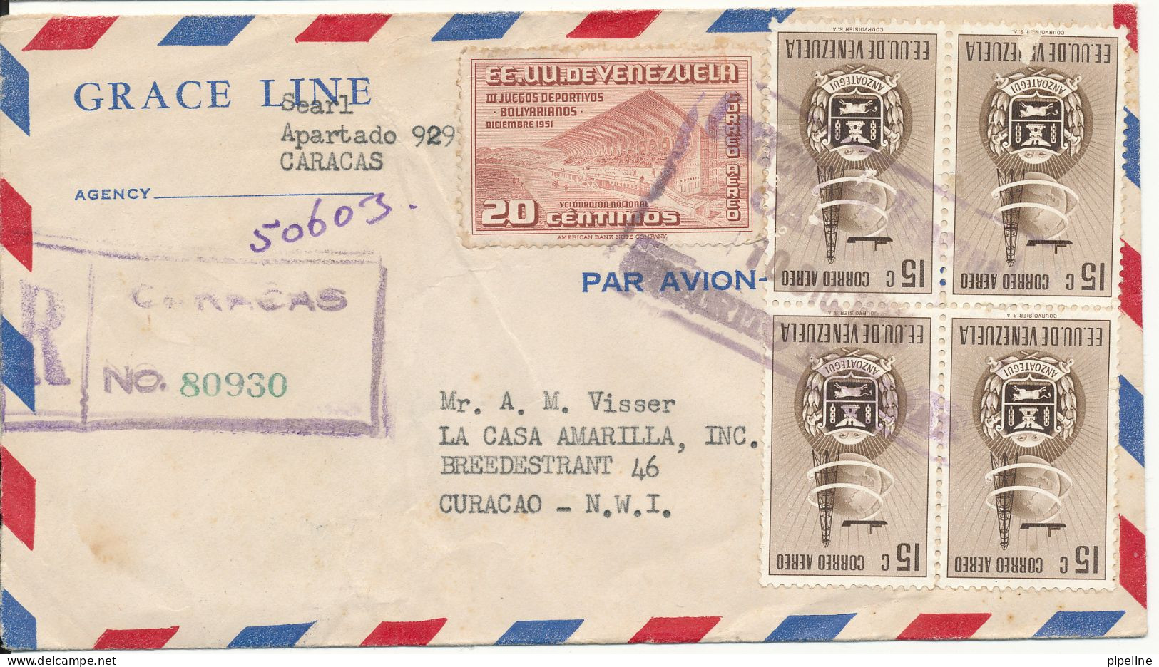 Venezuela Registered Air Mail Cover Sent To Curacao 10-12-1951 (1 Of The Stamps Is Damaged) - Venezuela