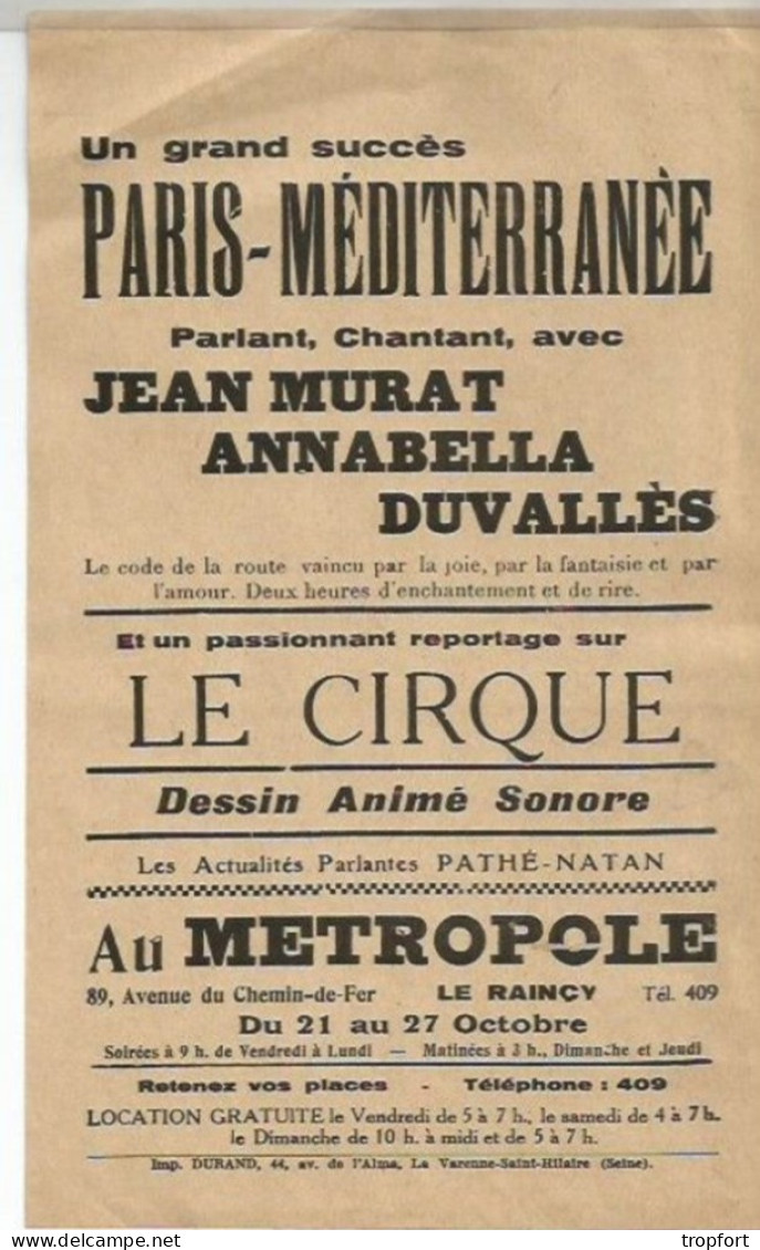 Bk / Vintage / Old French Movie Program // Affichette Programme Cinéma // Paris-méditerranée Le Cirque Annabella - Programmi
