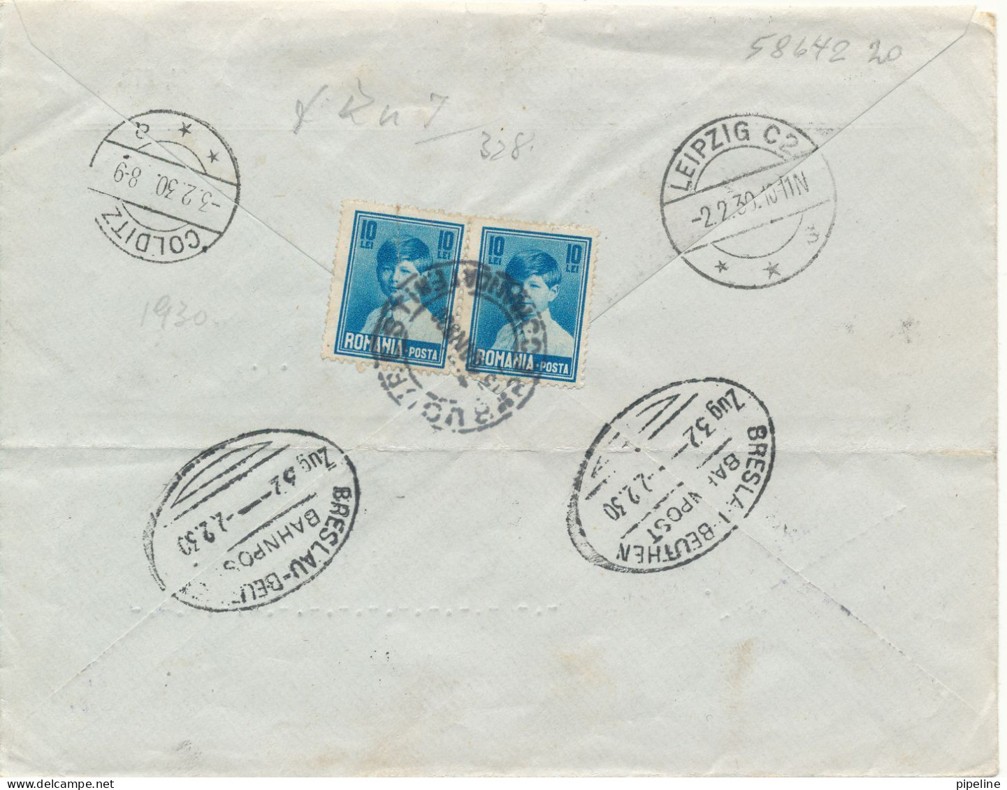 Romania Registered Cover Sent To Germany 31-1-1930 On The Backside Bahnpost Breslau - Beuthen Zug 32 2-2-1930 - Lettres & Documents