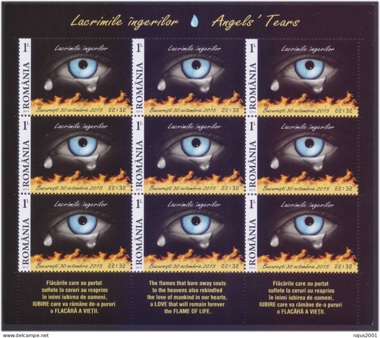 Angels Tears, Love Of Mankind, Flame Of Life, Fire, Blue Eyes, Romania Full Sheet Of 9 Stamp MNH - Ongebruikt